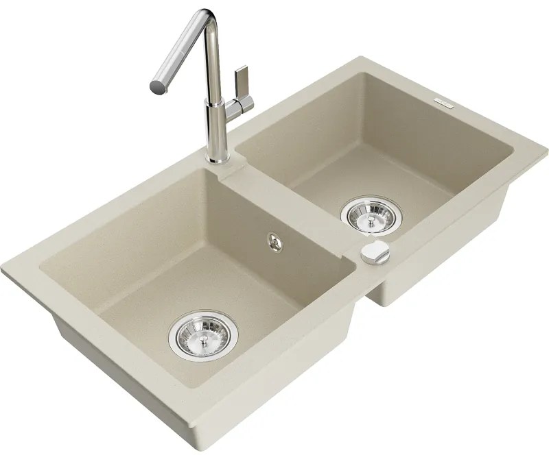 Mexen Mario, 2-komorový granitový drez 820x436x161 mm a drezová batéria Flora, béžová, 6504-69-670401-00
