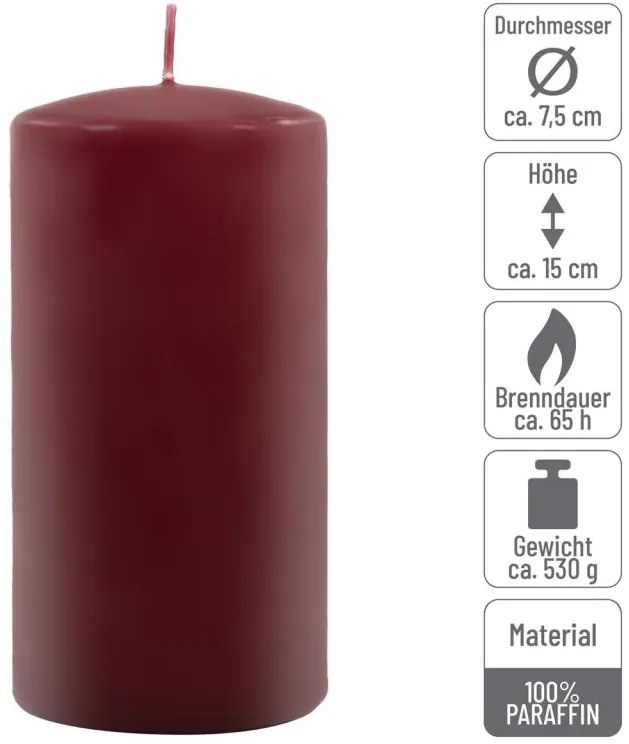 Sada stĺpových sviečok, 15 cm, Ø 7,5 cm, vínová, 6 ks