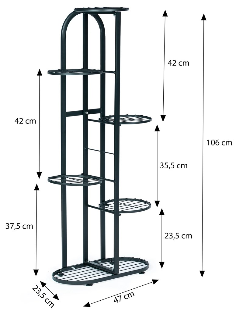 Moderný kovový stojan na kvety so 6 úrovňami, čierny