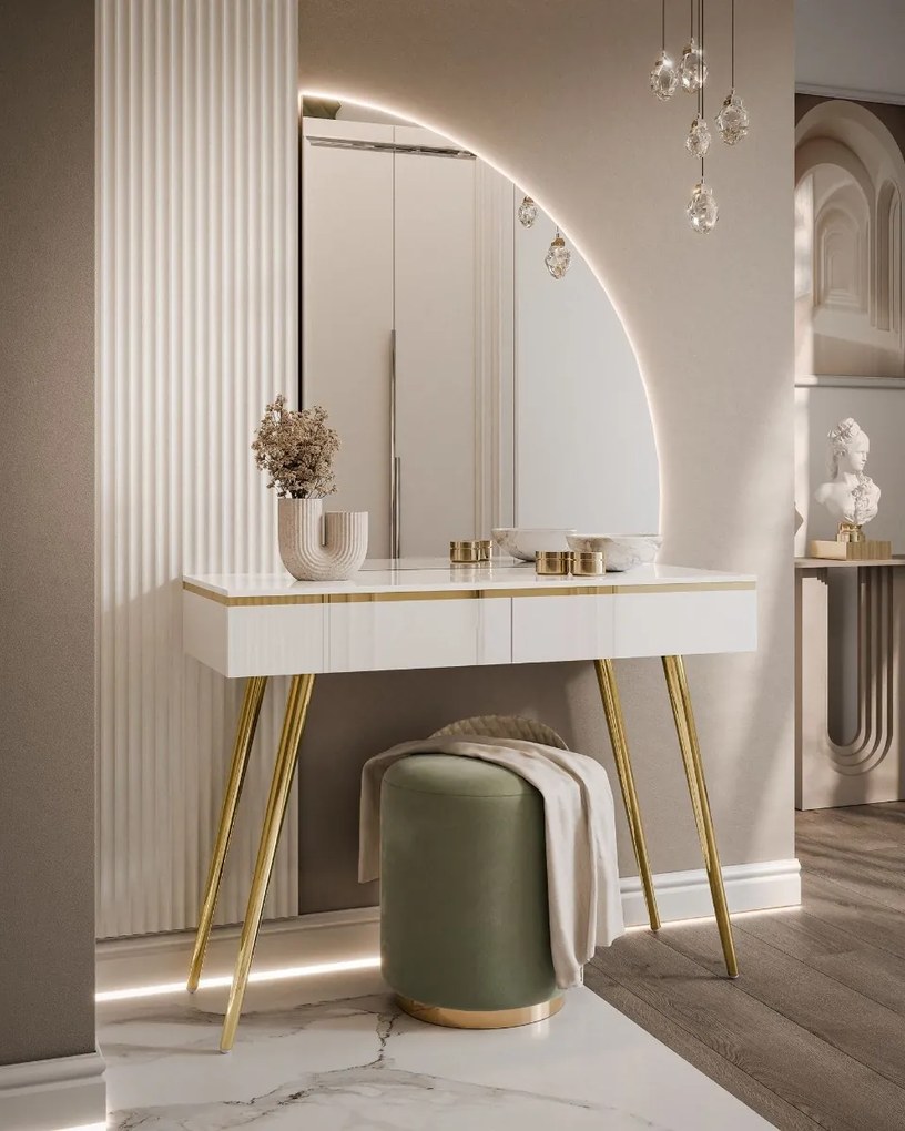 TOALETNÝ STOLÍK NESSIE BIELY LESK PRAVÝ + ZLATÉ NOHY + ZRKADLO POLMESIAC