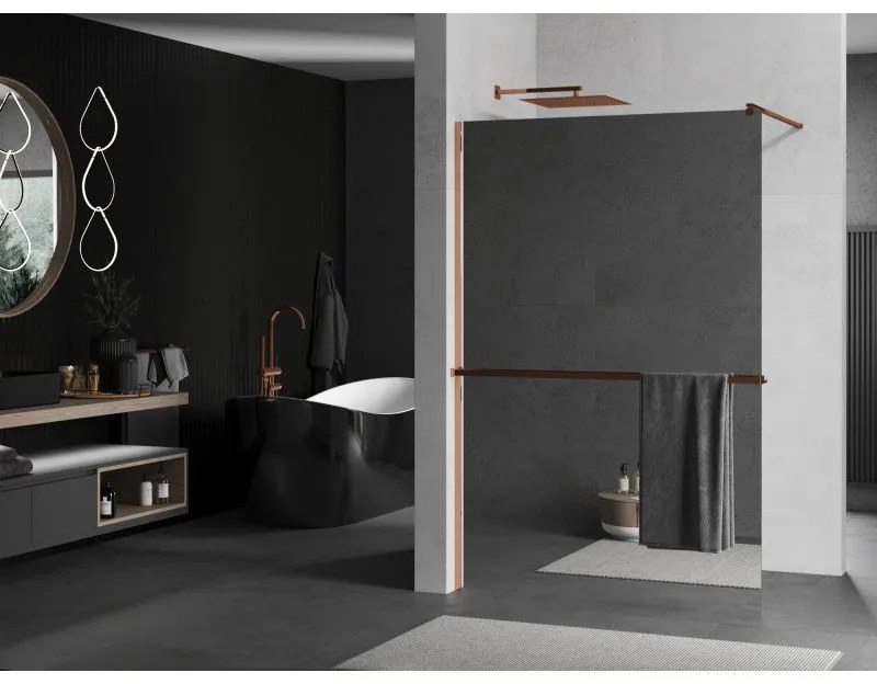 Mexen Kioto, sprchová zástena s poličkou a držiakom na uteráky 100 x 200 cm, 8mm sklo s efektom zrkadla, profil ružové zlato, 800-100-121-60-50