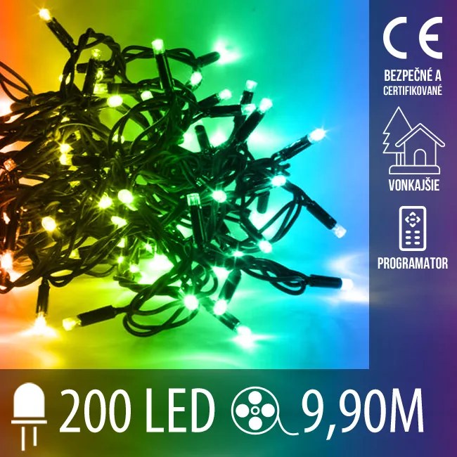 Vianočná led svetelná reťaz vonkajšia + programy - 200led - 9,90m multicolour