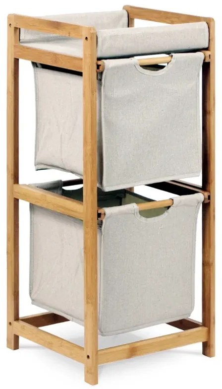 Regál, 2 výsuvné boxy, masiv bambus, přírodní odstín, šedá látka, nosnost 6 kg