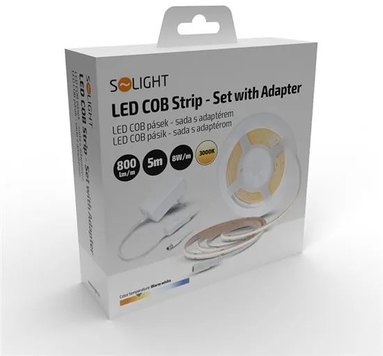SOLIGHT COB LED pásik, sada s adaptérom, vypínač, 5m, 8W/m, 800lm/m, teplá biela