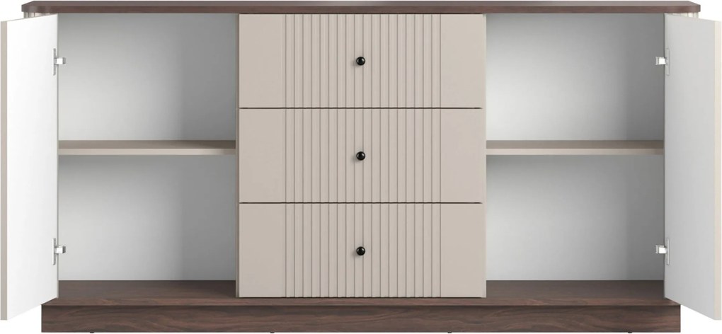 Komoda Vesper 160 cm so zásuvkami na sokli - kašmír / orech / čierne úchytky
