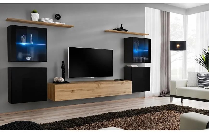 Obývacia stena Switch Sklo +LED XIV čierna /Wotan
