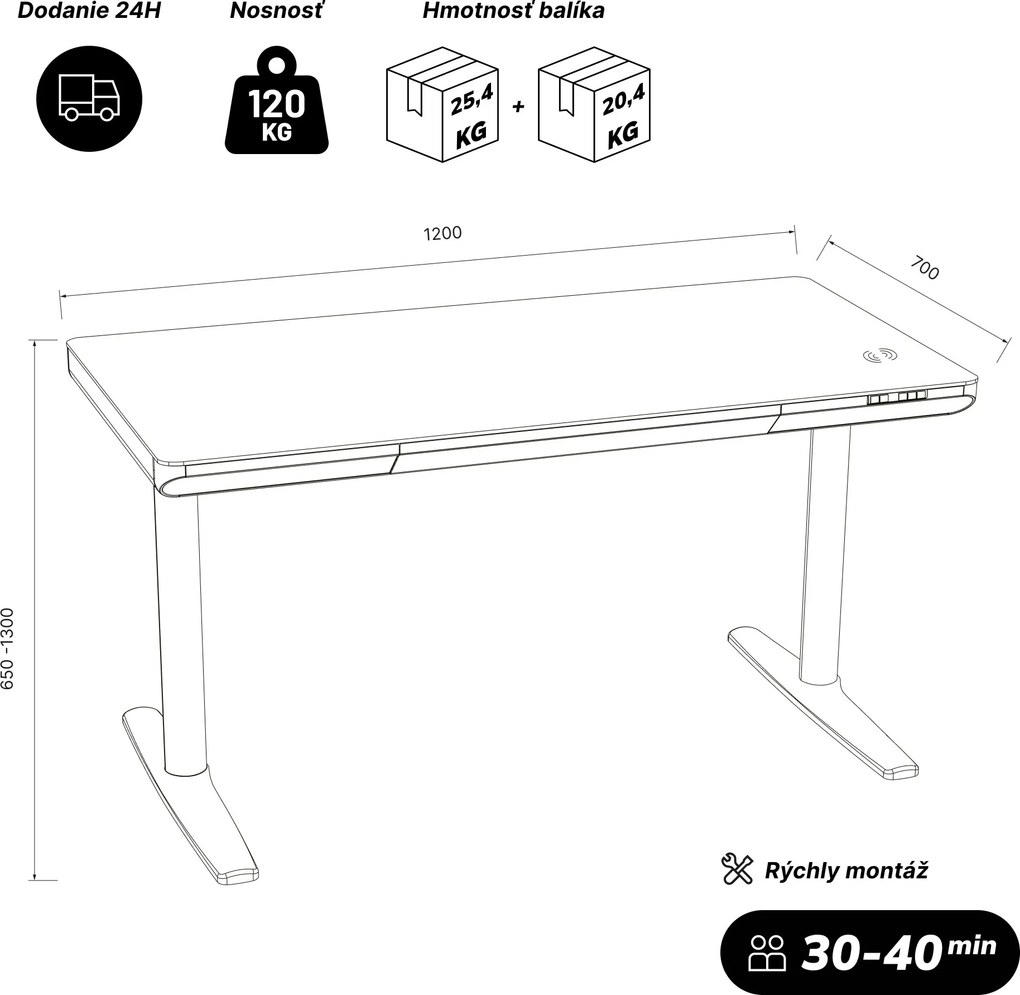 Elektrický písací stôl sit-stand so zásuvkou a bezdrôtovou nabíjačkou Qi biely/zlatý dub, 1200 mm: ELLIS