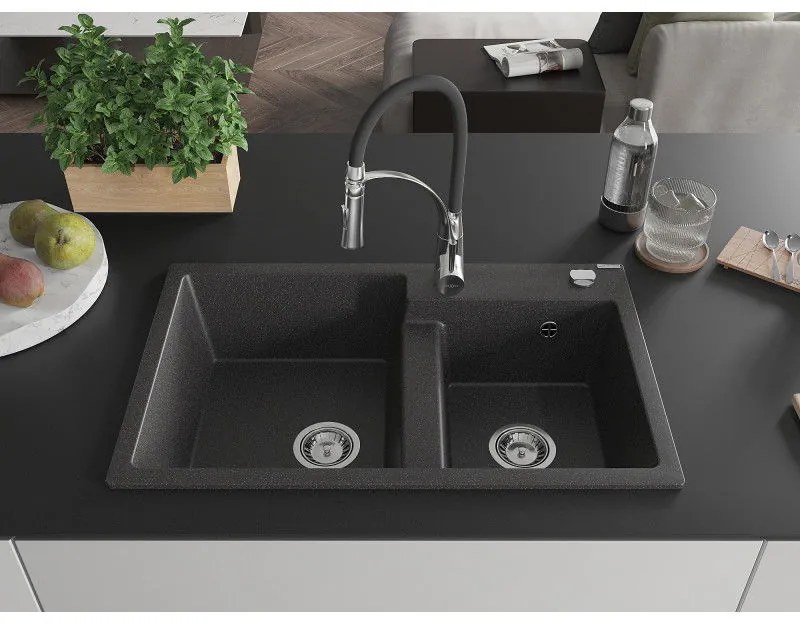 Mexen Tomas, 2-komorový granitový drez 800x500x190 mm a drezová batéria Aster, čierna škvrnitá, 6516-76-73450-07
