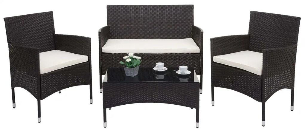 Záhradná súprava 2 kresiel, pohovky a stolíka HWC-F55 - hnedá, krémové vankúše