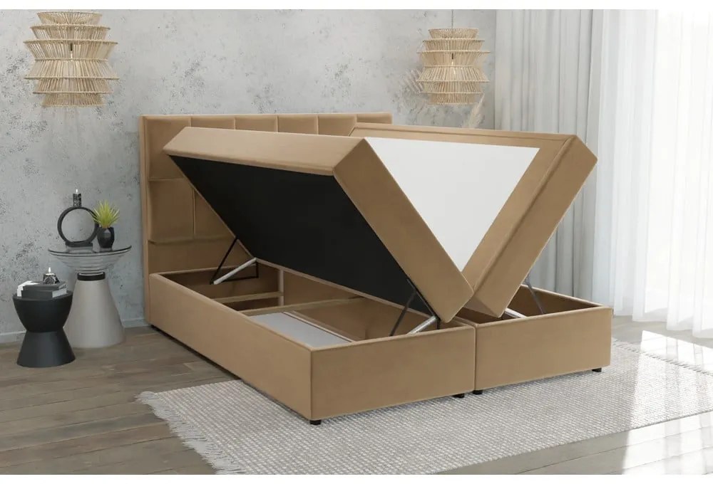 Okrovožltá boxspring posteľ s úložným priestorom 140x200 cm Flip – Ropez