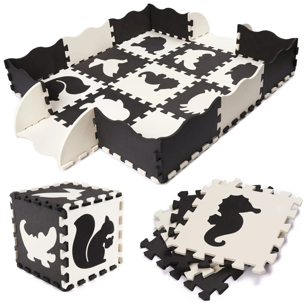 KIK Penové puzzle podložka / ohrádka pre deti 25 kusov čierna a biela