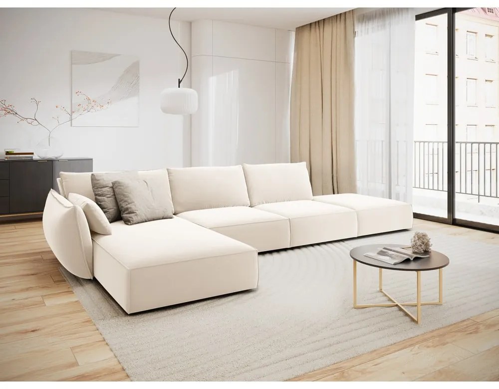 Béžová zamatová rohová pohovka (ľavý roh/s leňoškou) Vanda – Mazzini Sofas
