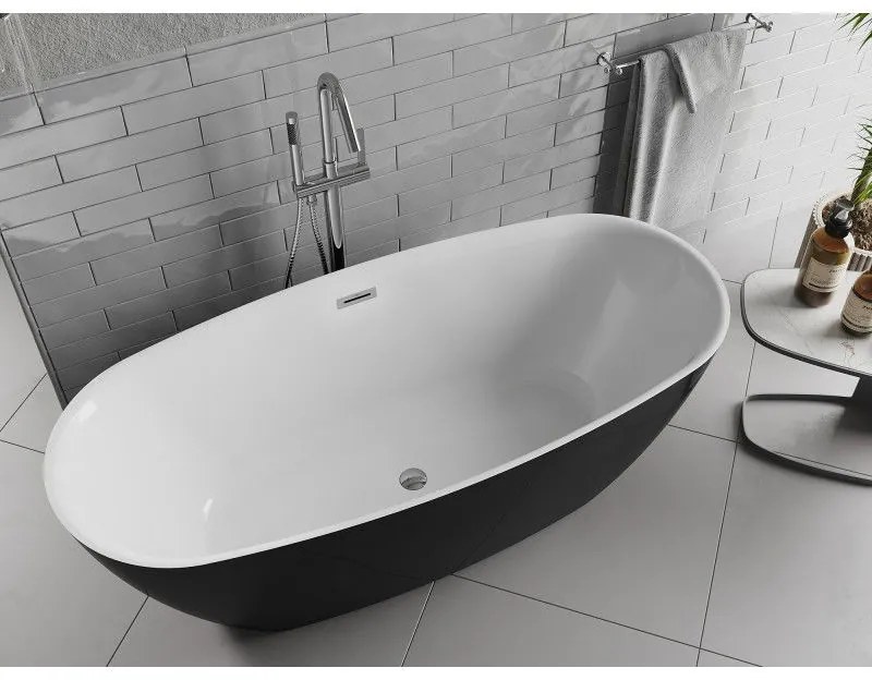 Mexen Luvo Slim, voľne stojaca vaňa 170 × 75 cm, biela-čierna, chrómový prepad, 52801707575-01