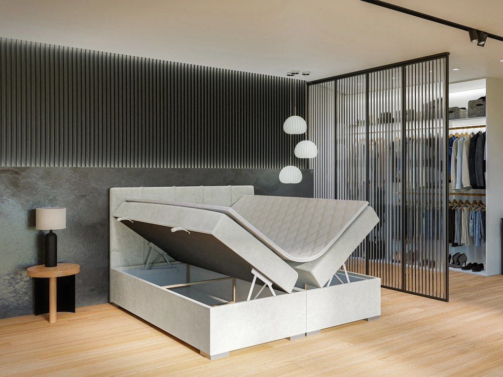 Manželská posteľ Boxspring 160 cm Ruffy (svetlosivá) (s matracom a úl. priestorom). Akcia -20%. Vlastná spoľahlivá doprava až k Vám domov. 1043447