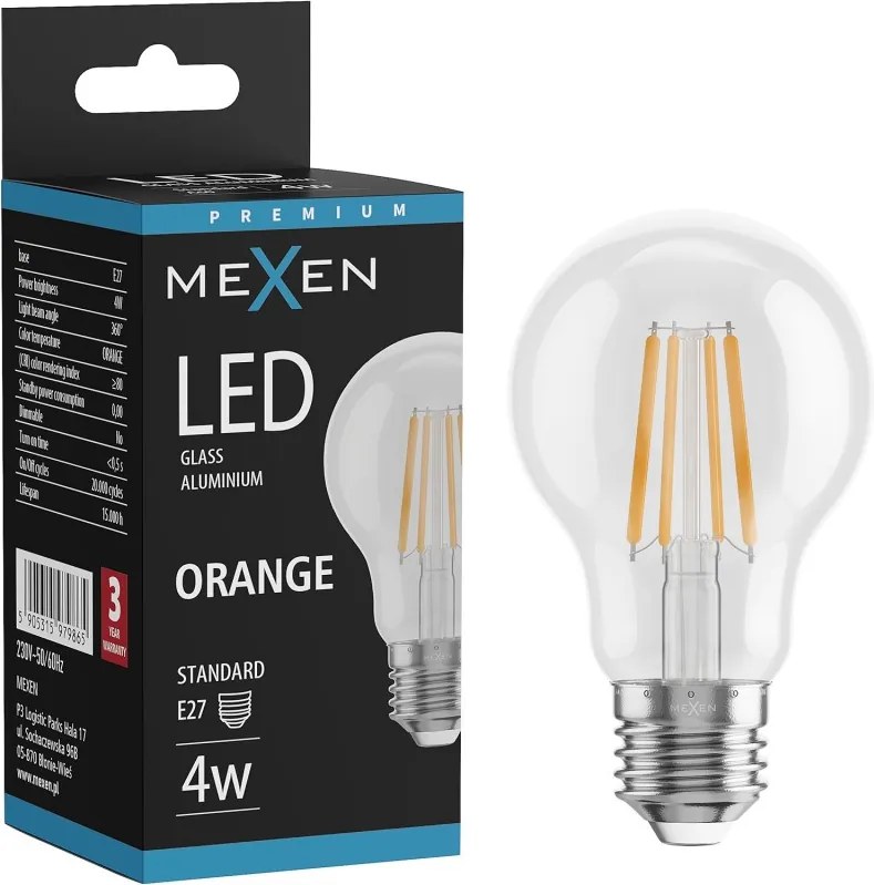 Mexen Vintis, LED filamentová žiarovka E27, A60, 4 W, oranžová, číra, L150-E27-04XX-48