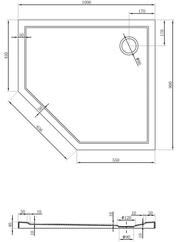 Mexen Flow, päťuholníková sprchová vanička slim 100 x 90 cm, pravá, čierna matná - 46P709010R