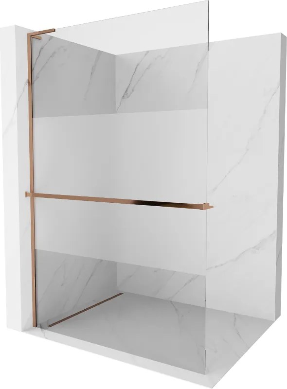 Mexen Kioto+ L, sprchová zástena Walk-In s poličkou a vešiakom 100 x 200 cm, 8mm číre sklo-námraza, ružové zlato profil, 800-100-123-60-35