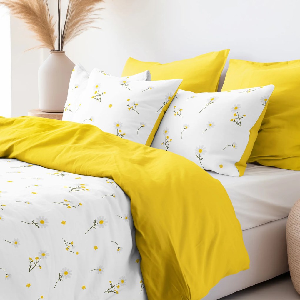 Goldea bavlnené posteľné obliečky duo - harmanček so žltou 140 x 220 a 70 x 90 cm