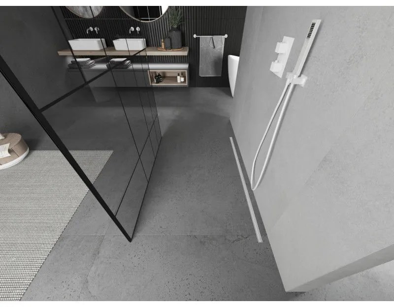 Mexen Kioto, priechodná sprchová zástena 110 x 200 cm, 8mm sklo číre/čierny vzor, 2x biela stabilizačná rozpera, 800-110-002-20-78