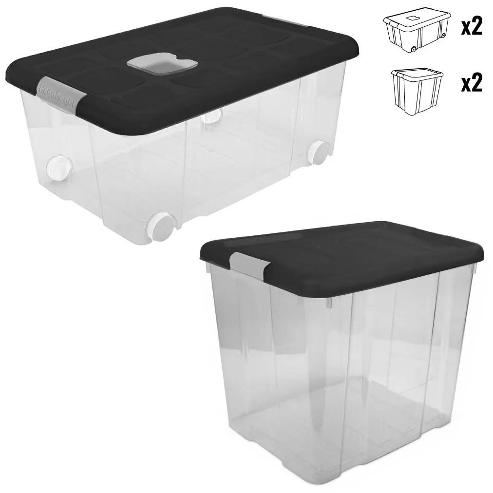 Plastové úložné boxy EKO s vekom a kolieskami PACK 2x 35l a 2x 36l