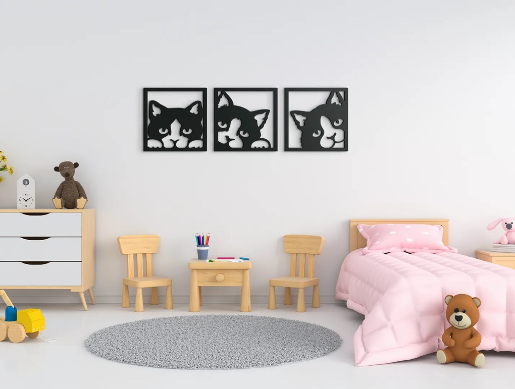 drevko 3-dielny drevený obraz do detskej izby Tri hravé mačičky Rozmer obrazu: 20 x 65 cm, Farba dekorácie: Čierna