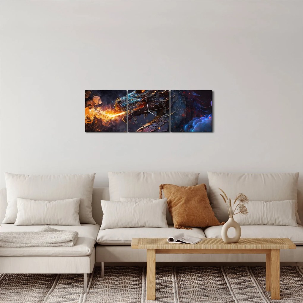 Obraz - Drak pľuvajúce plamene (s hodinami) (90x30 cm)