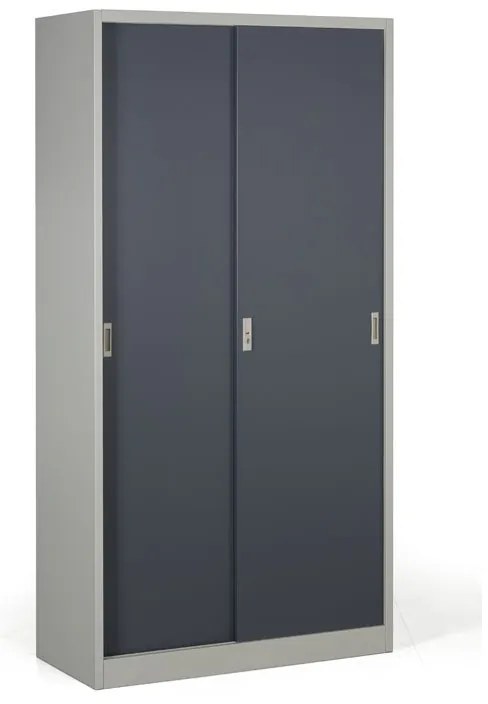 Kovová skriňa s posuvnými dverami, 4 police, 1000 x 1990 x 450 mm, tmavo sivá