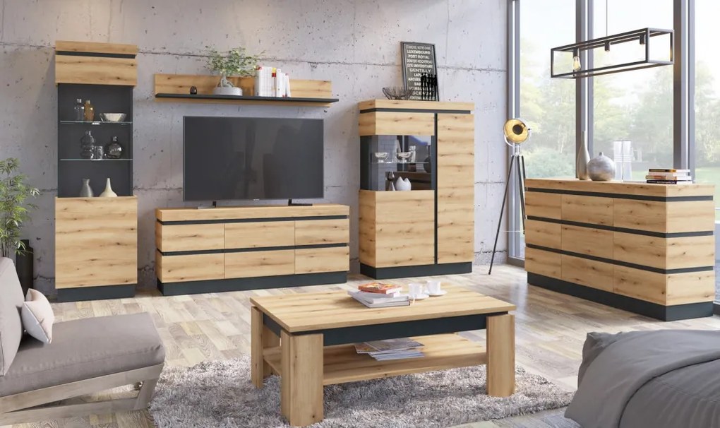 Vysoká vitrína Corte, dub coast/tmavo šedá, pravá