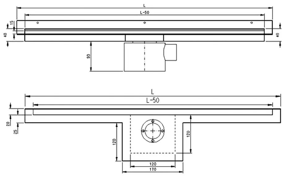 Sprchový žľab PHANTOM s horizontálnou a vertikálnou prírubou, 140 cm