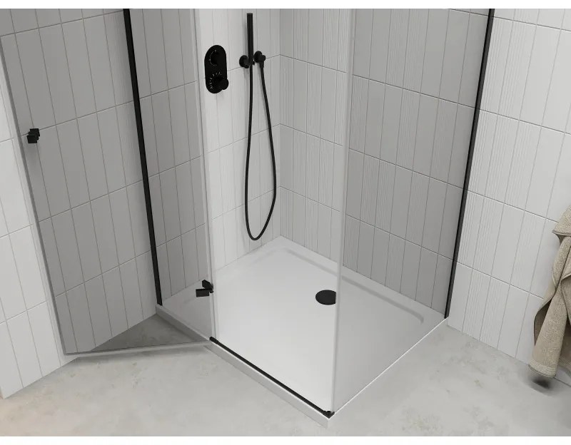 Mexen Roma, sprchovací kút s 1-krídlovými dverami 110 (dvere) x 80 (stena) cm, 6mm číre sklo, čierny profil, slim sprchová vanička 5cm biela s čiernym sifónom, 854-110-080-70-00-4010B