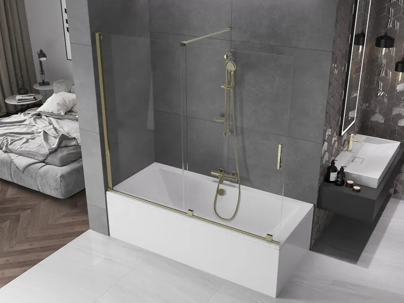 Mexen Velar, 2-krídlová posuvná vaňová zástena 180 x 150 cm, 8mm číre sklo, zlatý lesklý profil, 896-180-000-01-50