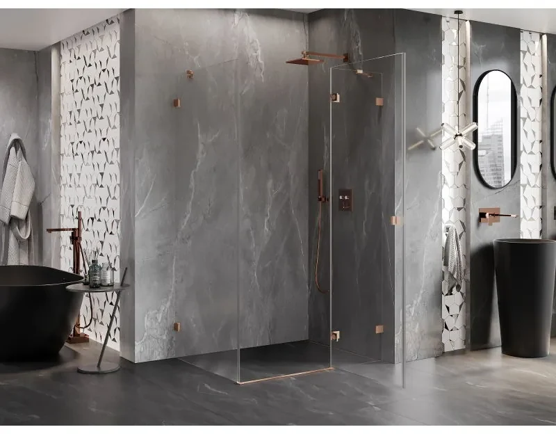 Mexen Lunar, pravostranný výklopný sprchový kút 90 x 70 cm, 8mm číre sklo, profil medená matná, 834-090-070-65-00-P