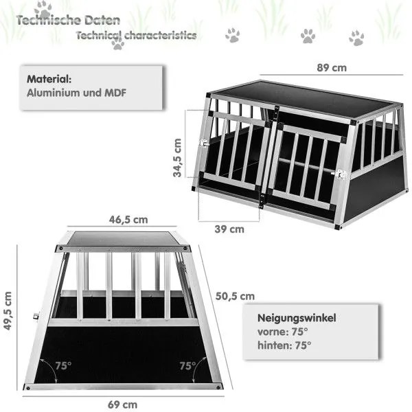 Hliníková prepravná klietka pre psov 89 × 69 × 50 cm, 12 kg