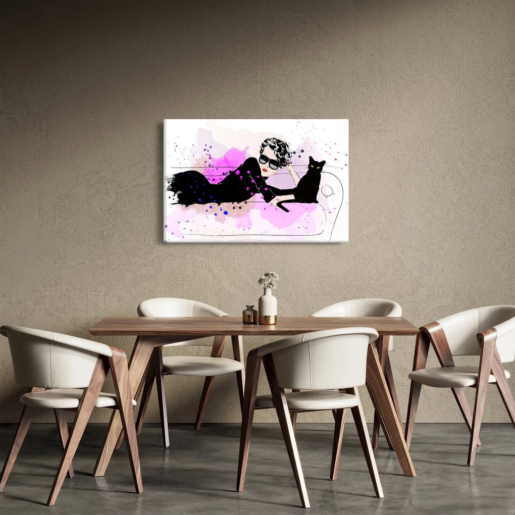 Obraz - Žena s čiernou mačkou (90x60 cm)