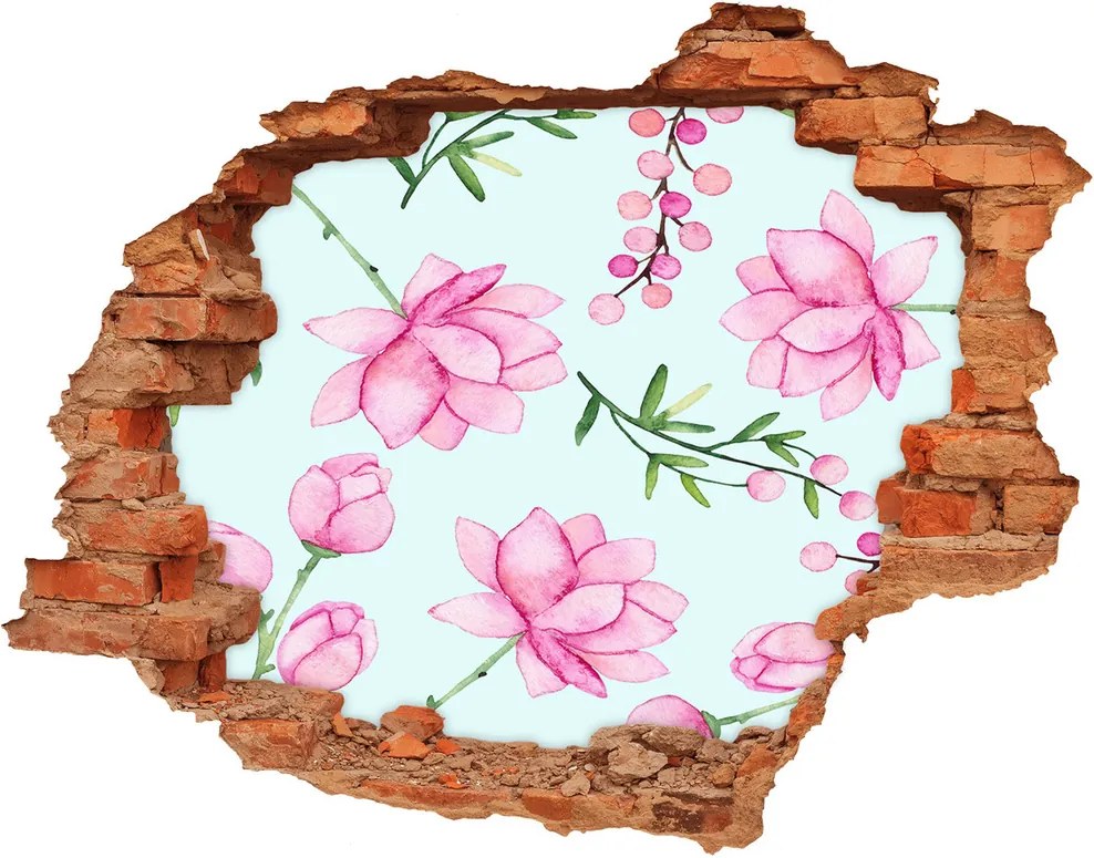 Nálepka 3D diera na stenu Kvety a jahody WallHole-cegla-90x70-127745276