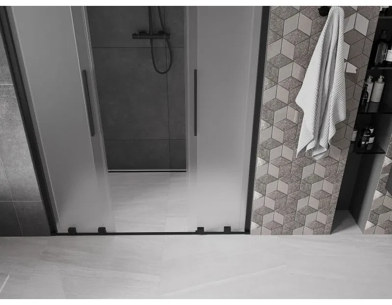 Mexen Velar Duo, posuvné sprchové dvere do otvoru 160 cm, 8mm sklo námraza, čierna matná, 871-160-000-32-70