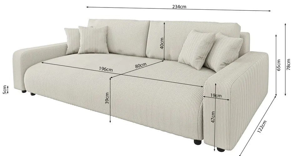 Krémová menčestrová rozkladacia/s úložným priestorom pohovka 234 cm Sara – Ropez