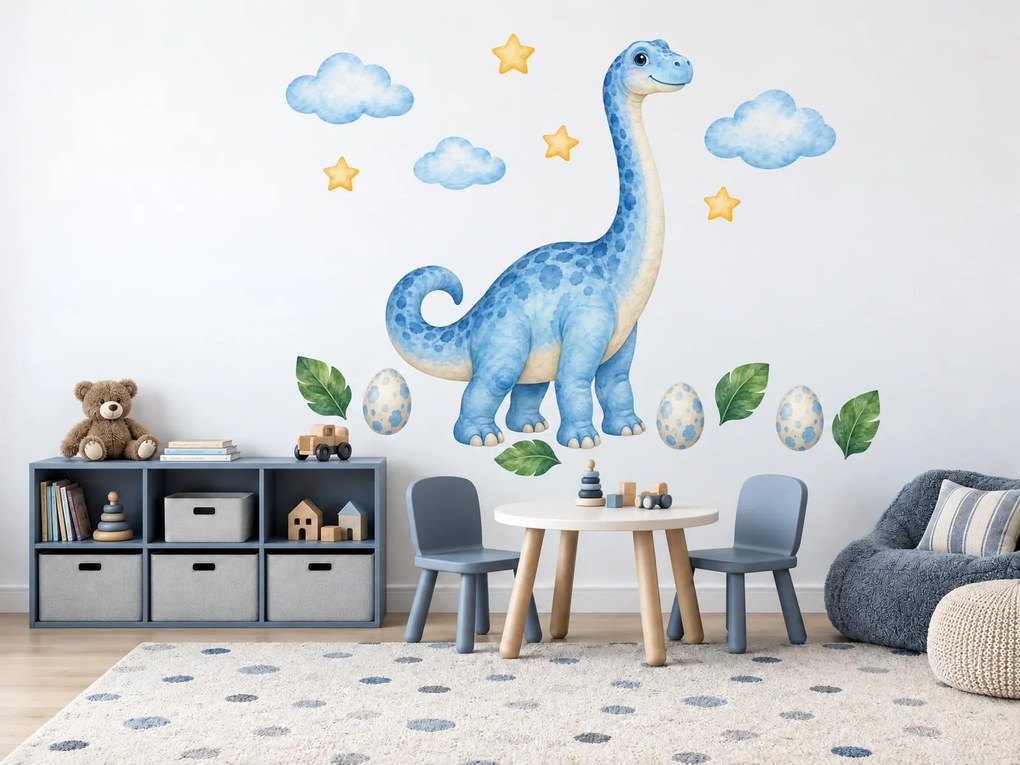 Modrý dlhokrký dinosaurus modré akvarelové nálepky pre chlapcov na stenu arch 30 x 46 cm
