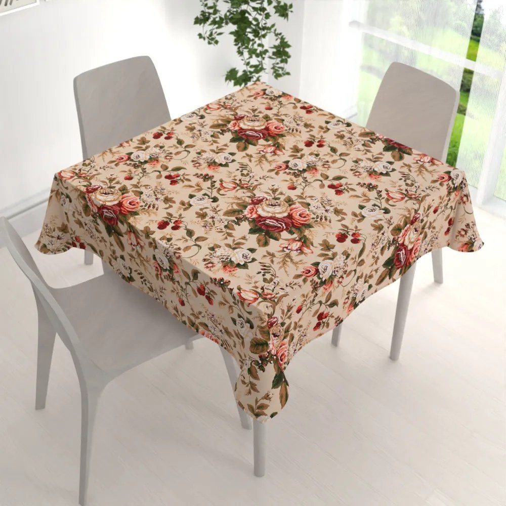 Biante Bavlnený štvorcový obrus Sandra SA-607 Červené ruže na béžovom 130x130 cm