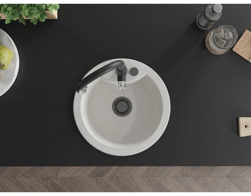 Mexen Diego, 1-komorový granitový drez 488x488x167 mm a drezová batéria Savita, biela, 6512-20-672601-70