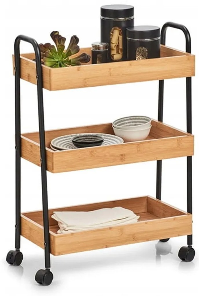 Zeller Present Pojazdný regál, vozík s 3 úložnými boxmi, bambus, čierny kov TROLLEY