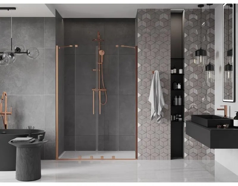Mexen Velar Duo, posuvné dvere do otvoru 160x200 cm, 8mm číre sklo, medená matná, 871-160-000-02-65