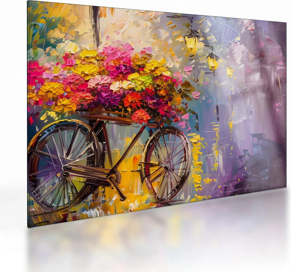 Sklenený obraz - Bicykel s kvetmi (70x50 cm)