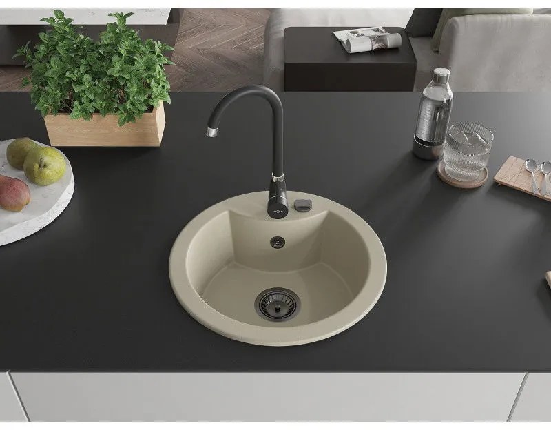 Mexen Diego, 1-komorový granitový drez 488x488x167 mm, čierny sifón, čierna matná batéria Telma, béžová, 6512-69-670200-70