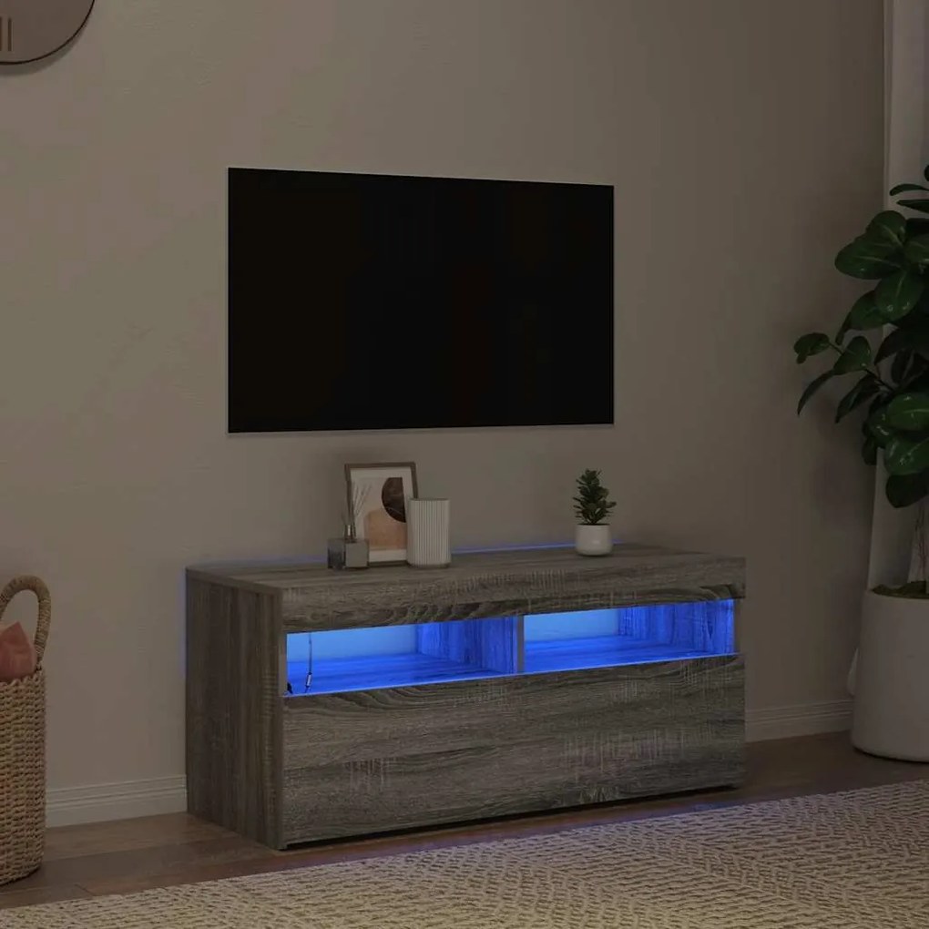 vidaXL TV skrinka s LED svetlami sivý dub sonoma 90x35x40 cm