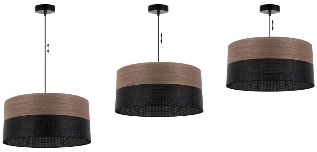 Závesné svietidlo Wood, 1x hnedá orechová dýha/čierne PVC tienidlo, (fi 44cm)