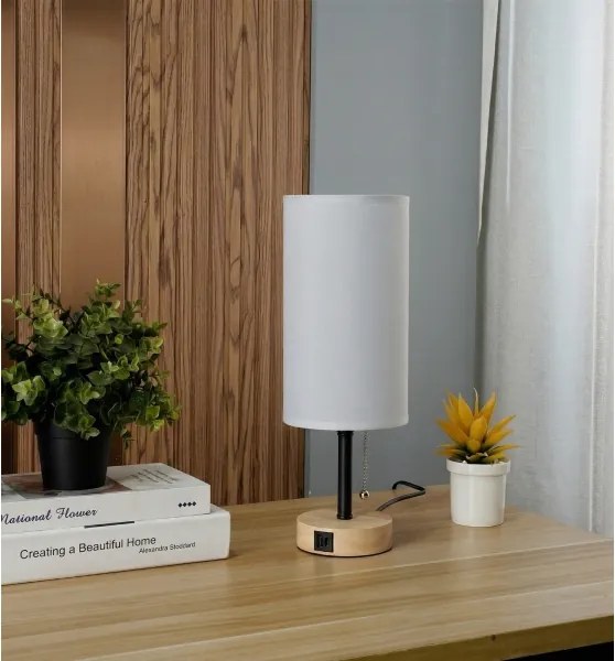 Brilagi - Stolová lampa s USB portom TABLON 1xE27/25W/230V dub/čierna/biela