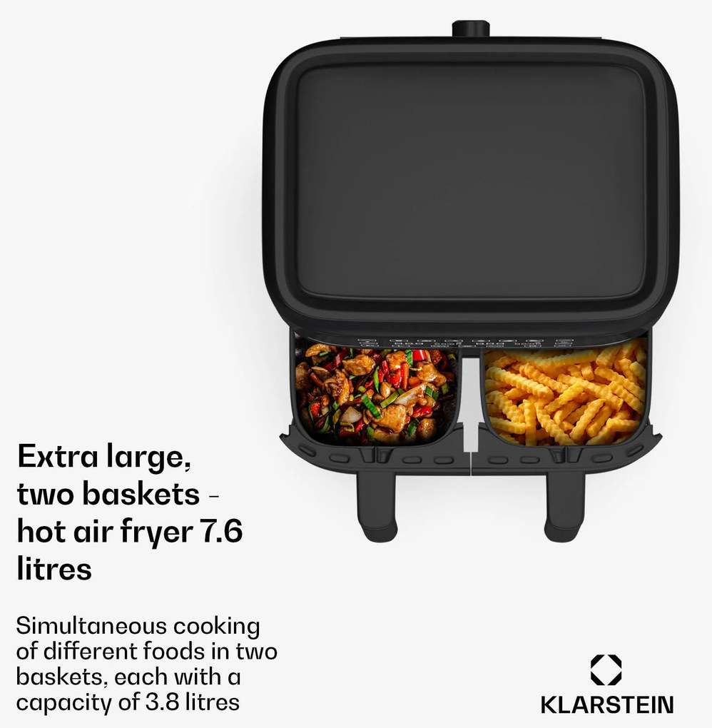 Klarstein VitaFry Duo Skylight, teplovzdušná fritéza, 2850 W, 7,6 l, 2 varné zóny, 6 programov
