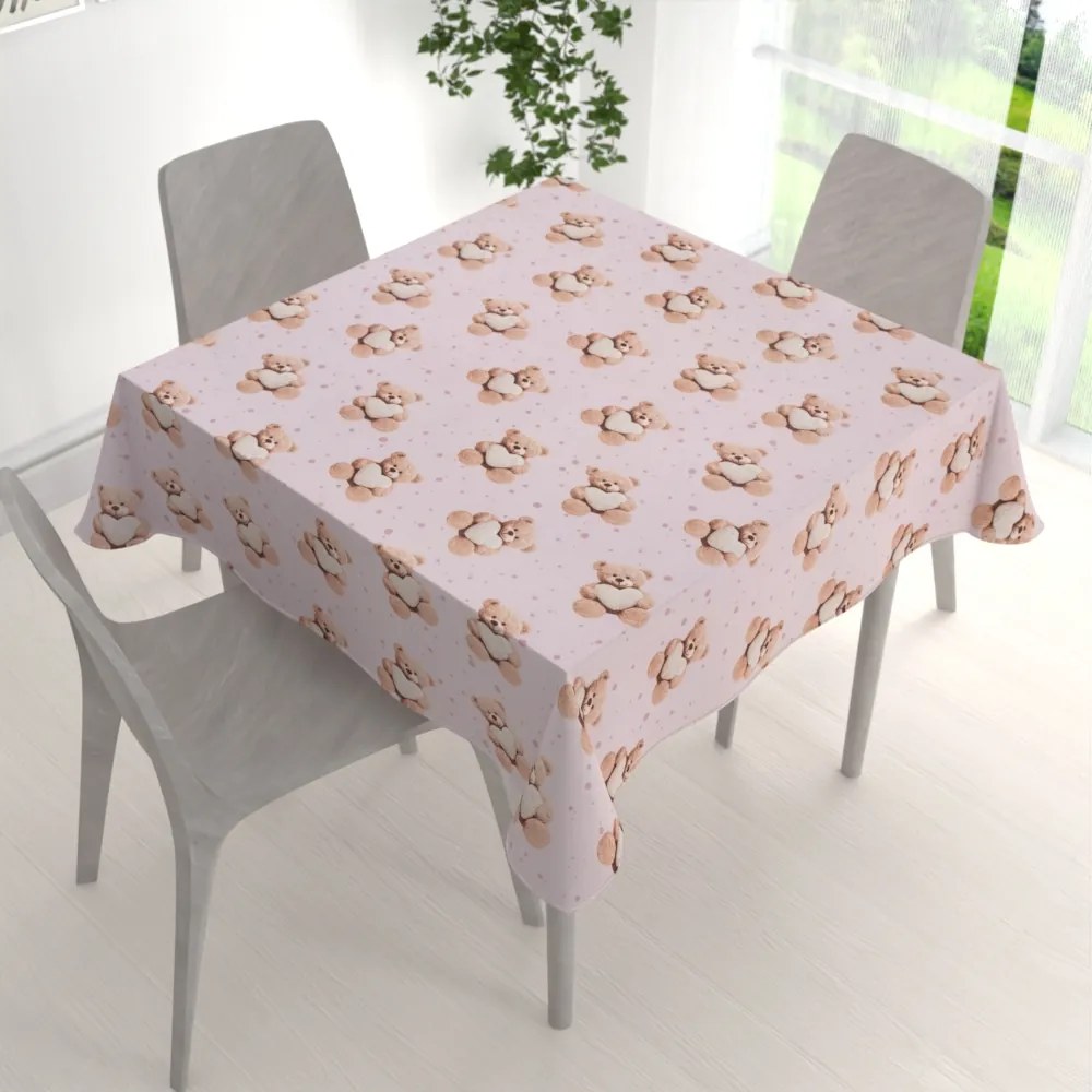 Biante Detský bavlnený štvorcový obrus Sandra SA-723 Medvedíky so srdiečkami na fialkovom 70x70 cm