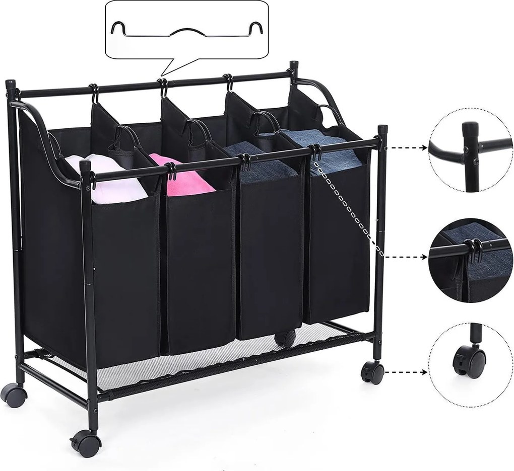 Kôš na bielizeň, vozík na prádlo, so 4 vyberateľnými látkovými vakmi, 4 x 35 L, čierny